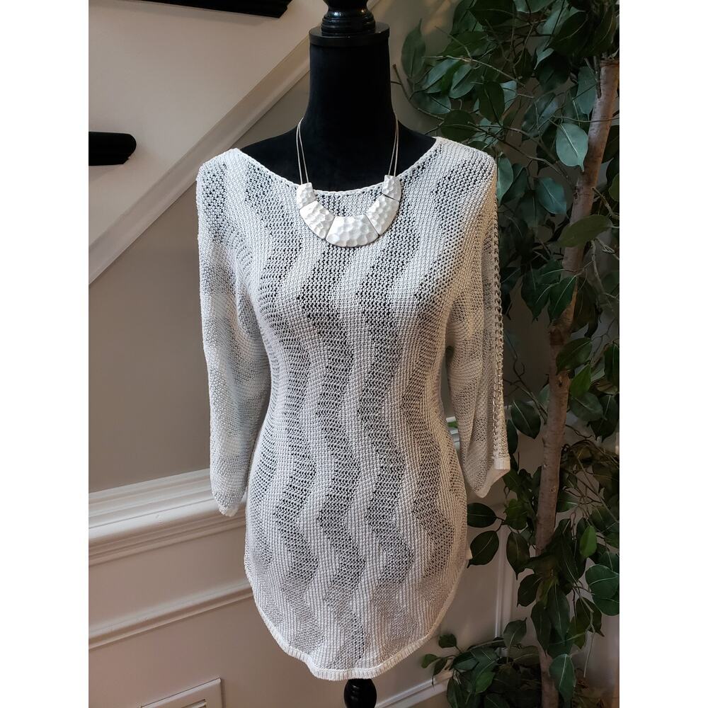 Chico's Sweater Womens Medium Gray‎ Wool Chevron Long Sleeve Round Neck Pullover
